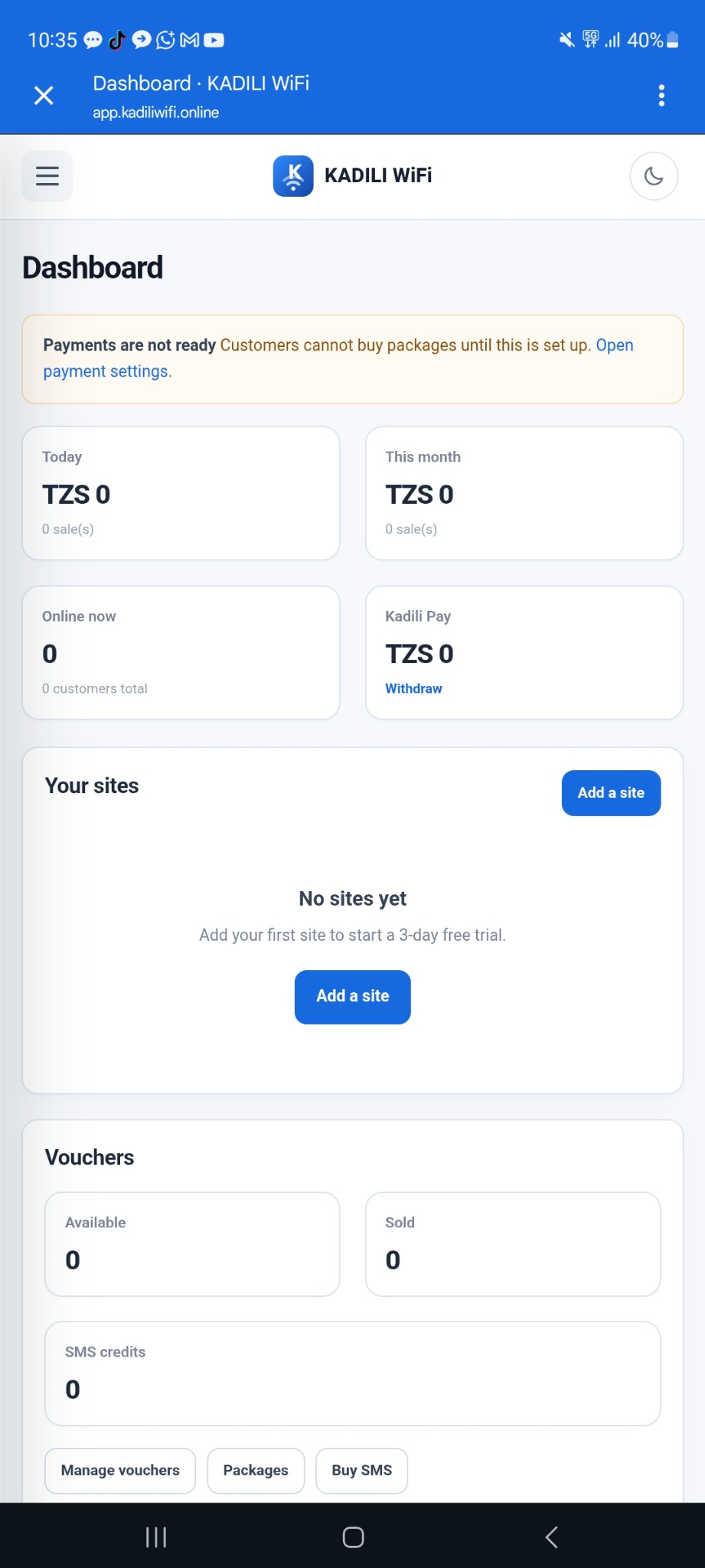 KADILI WiFi reseller dashboard on mobile